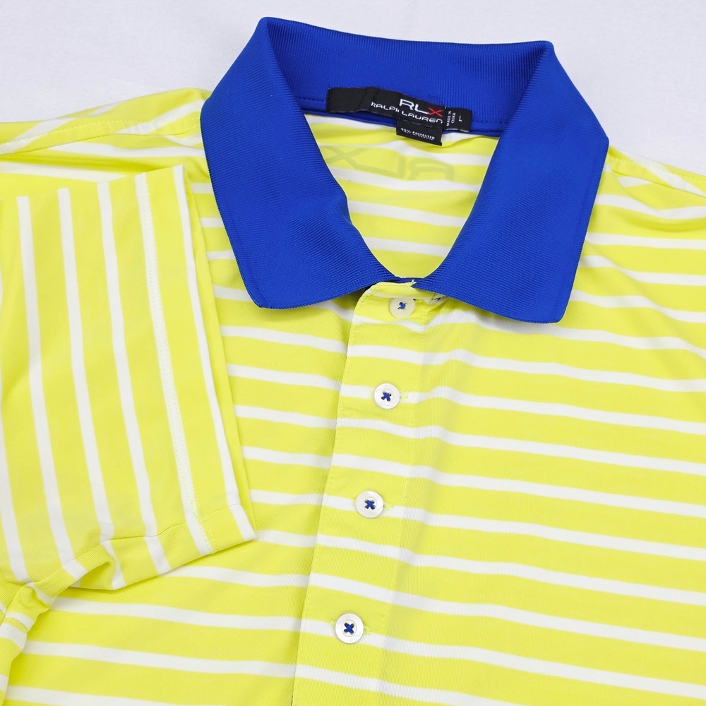 RLX Ralph Lauren Polo Mens Large Yellow White Striped Blue Collar Golf Shirt